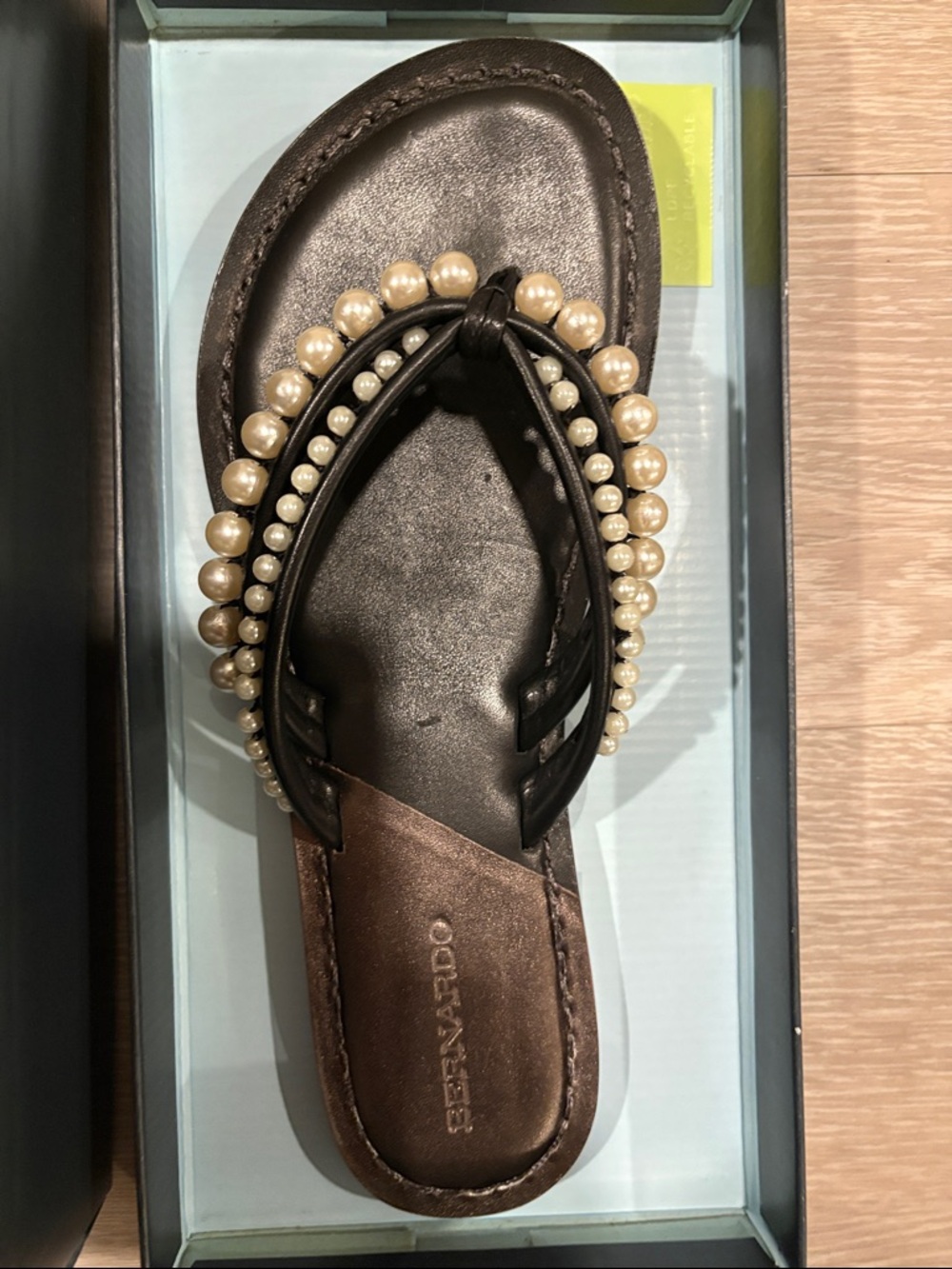 Bernardo Black Pearl-Trim Leather Sandals